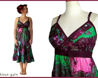 Habille HILDA été robe batik aquarelle tablier vert violet robe kissagato long S M L XL