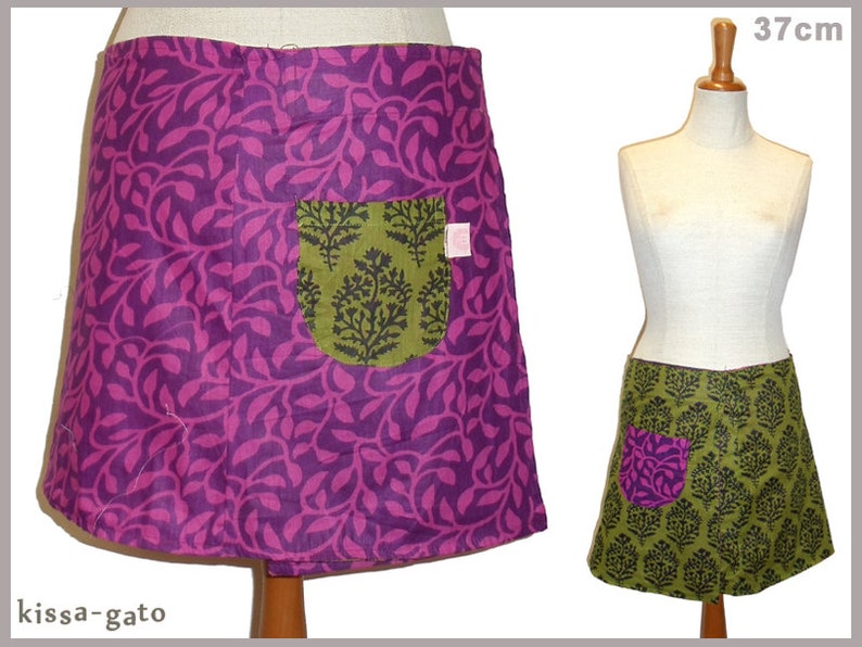 Reversible skirt LISI 37 cm wrap skirt Velcro kissagato skirt purple green S M L image 1
