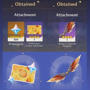 May include: A digital game interface showing obtained items including 100 Primogems, a Celebration: Crispy and Sweet namecard featuring a burger and fries, and a pair of Wings of Leisurely Moments with orange and red feathered wing designs.