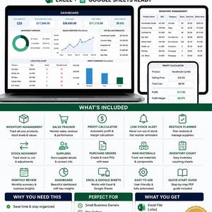 Puede incluir: Una plantilla de hoja de cálculo digital para el seguimiento de inventario de pequeñas empresas, compatible con Excel y Google Sheets. La interfaz muestra un panel con datos de inventario, ventas y beneficios, además de una calculadora de ganancias.