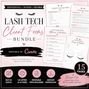 May include: A digital bundle of 15 professional lash technician client forms including intake, consent, aftercare instructions, and mapping worksheets. The documents feature black text on a white background with pink accents and are editable in Canva.