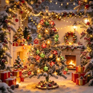 May include: A snow-dusted Christmas tree decorated with glowing star-shaped lights in red, green, and yellow. The tree stands on a wooden base surrounded by red gift boxes with gold ribbons, set against a backdrop of a fireplace and snowy greenery.