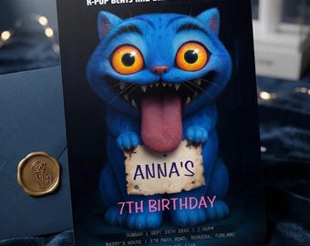 May include: A rectangular birthday invitation card featuring a blue cat with large orange eyes and a long tongue, holding a sign that reads ANNA'S 7TH BIRTHDAY. The text K-POP BEATS AND BIRTHDAY TREATS appears at the top, with event details at the bottom.