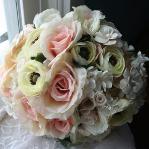 Pastel Bridal Bouquet & Boutonniere, Romantic Ranunculus, Preserved Roses, Spring Wedding, Burlap Lace, Fall Rustic Summer image 4