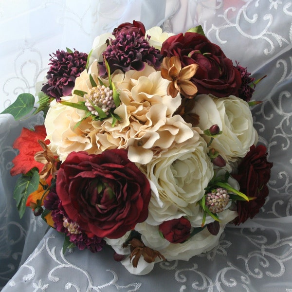 Autumn Rose Bridal Bouquet & Boutonniere Set, Rustic Fall Wedding, Shabby Chic, Ranunculus, Burlap, Lace, SALE!