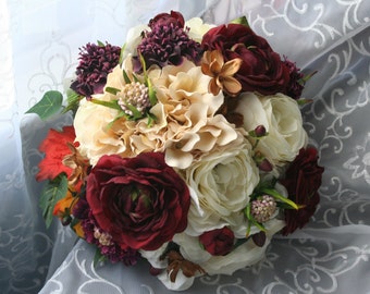 Autumn Rose Bridal Bouquet & Boutonniere Set, Rustic Fall Wedding, Shabby Chic, Ranunculus, Burlap, Lace, SALE!