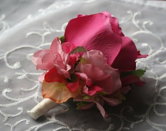 Wedding Corsage, Prom Corsage - Fuchsia Rose, Pink Hydrangea, Sweet Peas - Mother of the Bride, Destination Wedding, Garden, Rustic, Island