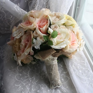 Pastel Bridal Bouquet & Boutonniere, Romantic Ranunculus, Preserved Roses, Spring Wedding, Burlap Lace, Fall Rustic Summer image 2