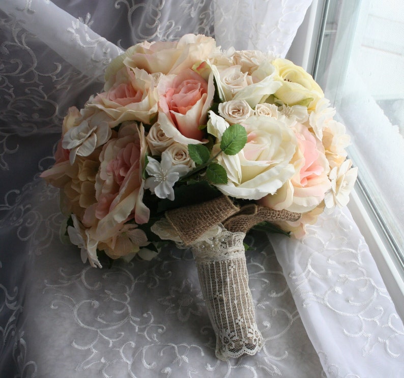 Pastel Bridal Bouquet & Boutonniere, Romantic Ranunculus, Preserved Roses, Spring Wedding, Burlap Lace, Fall Rustic Summer image 2