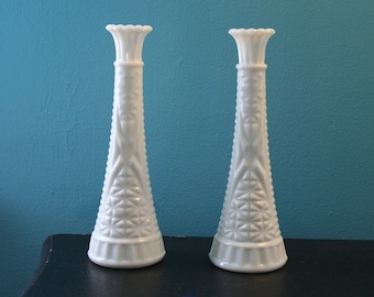 Vintage Milk Glass Candlesticks or Bud Vases - White Wedding Vases - Wedding Decor - Set of Two -  Party Decor - Shabby Chic Centerpieces