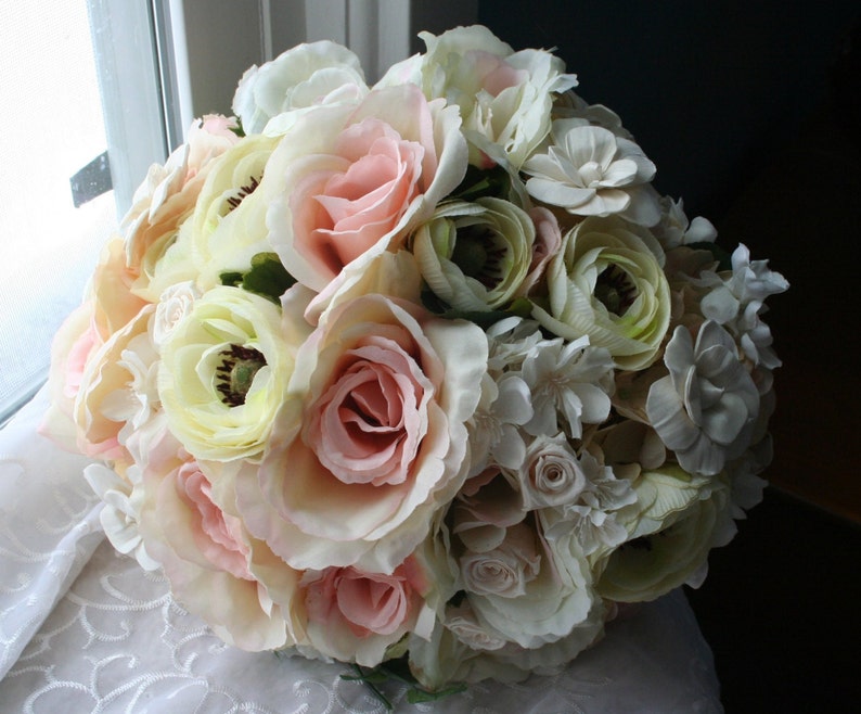 Pastel Bridal Bouquet & Boutonniere, Romantic Ranunculus, Preserved Roses, Spring Wedding, Burlap Lace, Fall Rustic Summer image 4