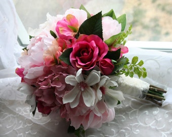 Pink Bouquet & Boutonniere Set, Peonies, Sweet Peas, Dogwood, Roses, Hydrangea, Spring Summer Wedding, Island, Rustic, Garden SALE