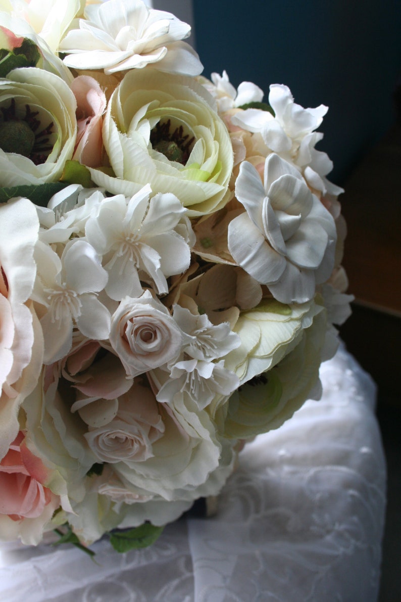 Pastel Bridal Bouquet & Boutonniere, Romantic Ranunculus, Preserved Roses, Spring Wedding, Burlap Lace, Fall Rustic Summer image 5