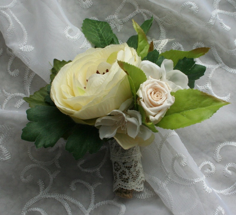 Pastel Bridal Bouquet & Boutonniere, Romantic Ranunculus, Preserved Roses, Spring Wedding, Burlap Lace, Fall Rustic Summer image 3