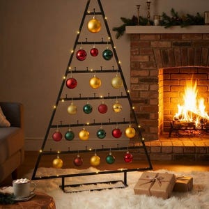 May include: A black triangular metal frame shaped like a Christmas tree, featuring horizontal bars with hooks for hanging round ornaments. The frame is decorated with warm white string lights and holds red, gold, and green spherical ornaments.
