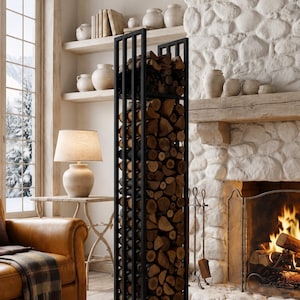 May include: A tall, rectangular black metal firewood rack with a vertical slat design, filled with stacked, natural-colored split logs. The structure features a sturdy frame with open sides, providing a clear view of the wood stored inside.