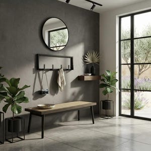 May include: A rectangular black metal wall-mounted coat rack with five hooks, a round black-framed mirror, a wooden bench with a woven cane seat, a small floating shelf, and three potted plants in black metal stands against a dark gray wall.