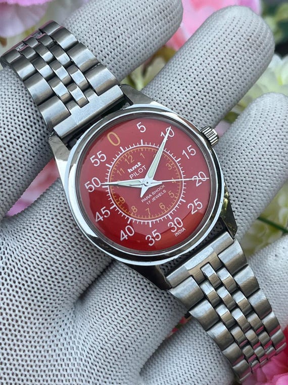 HMT Pilot Vintage Hand Winding Mechanical Watch Red Dial Men's Watch