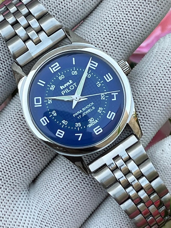 HMT Pilot Vintage Hand Winding Mechanical Watch Blue Dial Men's Watch