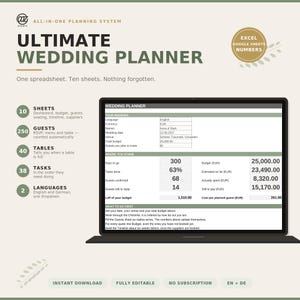 Könnte beinhalten: Ein digitales Hochzeitsplaner-System namens Ultimate Wedding Planner auf einem Laptop-Bildschirm. Die Benutzeroberfläche enthält Bereiche für Hochzeitsdetails, Budgetverfolgung, Gästeanzahl und Aufgabenverwaltung mit englischen und deutschen Texten.