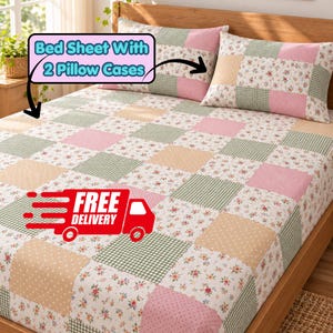 May include: A bed sheet and two pillow cases featuring a patchwork design of alternating squares. The pattern includes light pink, sage green, and beige colors with floral prints, gingham checks, and polka dots. The text Bed Sheet With 2 Pillow Cases is visible.
