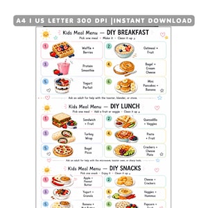 Puede incluir: Un gráfico imprimible de menú infantil con opciones de desayuno, almuerzo y merienda para preparar, que incluye listas numeradas, ilustraciones coloridas de alimentos como gofres, batidos y pizza, e instrucciones de preparación.