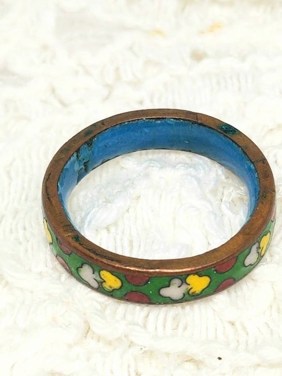 Vintage Brass Enamel Cloisonne Ring Size 7.75 Blue