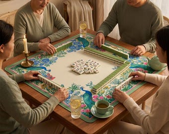 Mahjong Table Cover, Vintage Peacock Floral Print, Chinoiserie Design