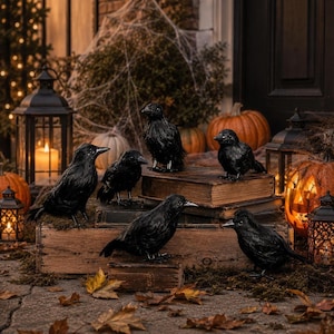 Conjunto de 6 corvos falsos pretos para decoração de Halloween, adereços góticos para jardim.