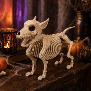 May include: A cream-colored plastic dog skeleton figurine featuring a detailed rib cage, articulated jaw, pointed ears, and a long tail. The skeletal structure displays realistic bone textures and joints, standing in a quadrupedal pose.