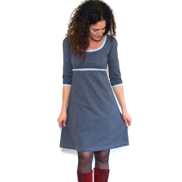 Robe femme manches 3/4, forme A, empire - gris mini pois