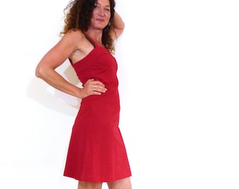 Pinafore dress - red, waisted ORGANIC
