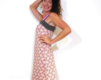 Pinafore dress - retro pattern beige, pink, waisted ORGANIC