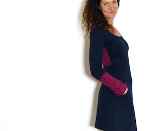 Women's dress with pockets, navy red, rings, stripes