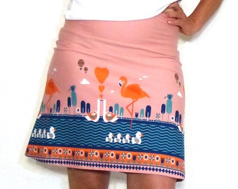 Waistband skirt in A-shape - pink with a fun organic flamingo pattern