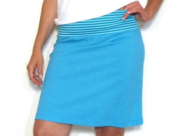 A-shaped skirt - turquoise with mini dots, organic striped waistband