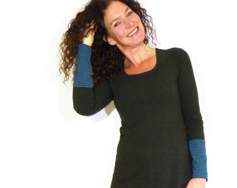 Women's A-shaped dress - olive, patterned cotton fleece + jersey in petrol, brown stripes