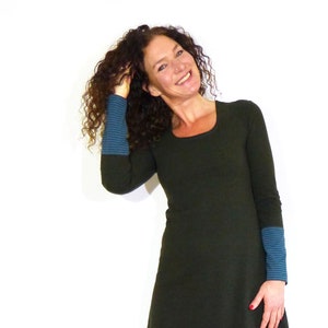 Women's A-shaped dress olive, patterned cotton fleece jersey in petrol, brown stripes image 1
