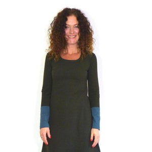 Women's A-shaped dress olive, patterned cotton fleece jersey in petrol, brown stripes image 2