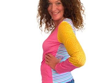 Shirt A-shaped, pink, yellow, turquoise with stripes and dots