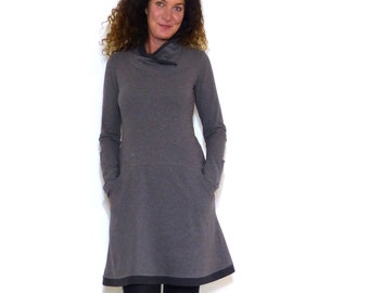 Women's dress with pockets, gray, anthracite with shawl collar