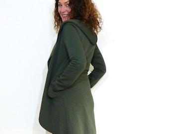 Hooded coat, long - with pockets and snap fastener, olive