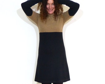 Women's A-shape dress - black, camel cotton fleece