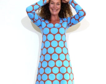 Women's dress, A-shape - brown with giant dots in light blue