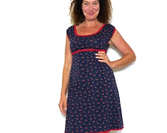 A-line dress - cherry, puff sleeves - blue, red, organic