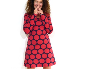 Women's dress, A-shape - navy with giant dots in red
