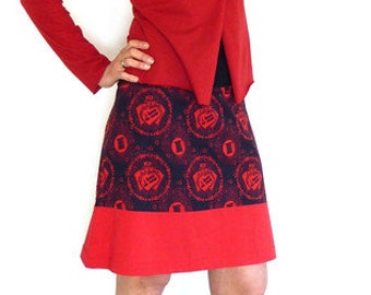 Waist skirt in A-shape - red, dark blue with motif