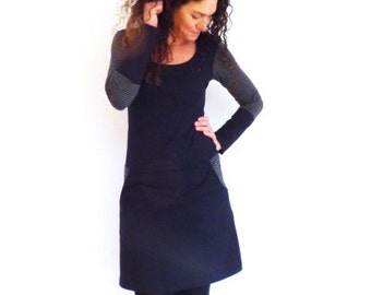 Women&#39;s dress with pockets, black, gray stripes, stripes