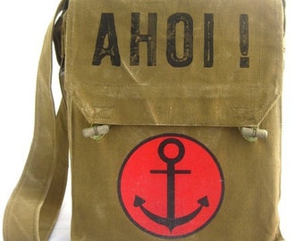 Ahoy! recycling bag, olive with anchor, shoulder bag for women, shoulder bag for men