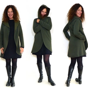 Hooded coat, long with pockets and snap fastener, olive image 3